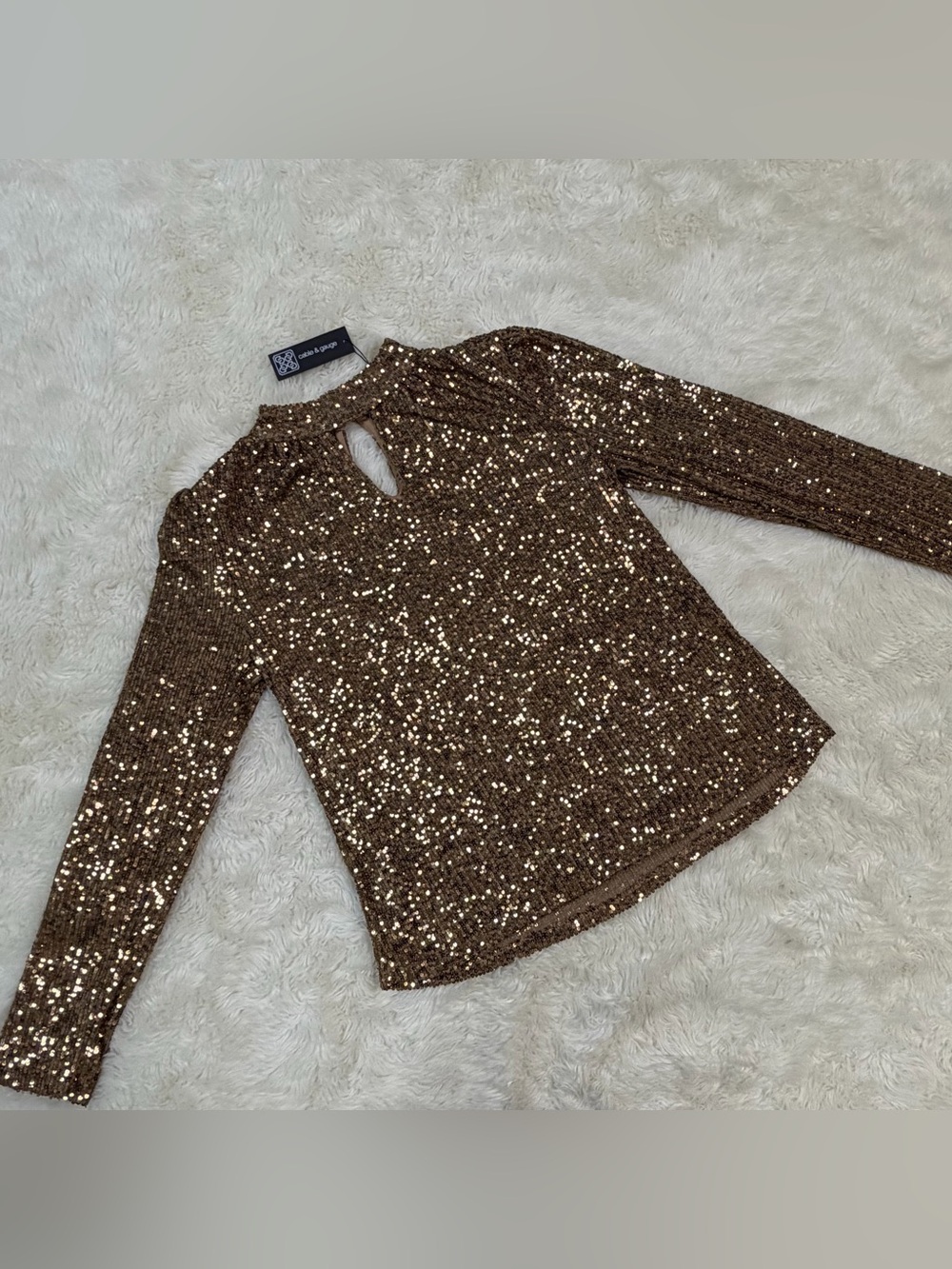 NEW! Cable & Gauge Sequin Long-Sleeve Mock Neck Top in Bronze